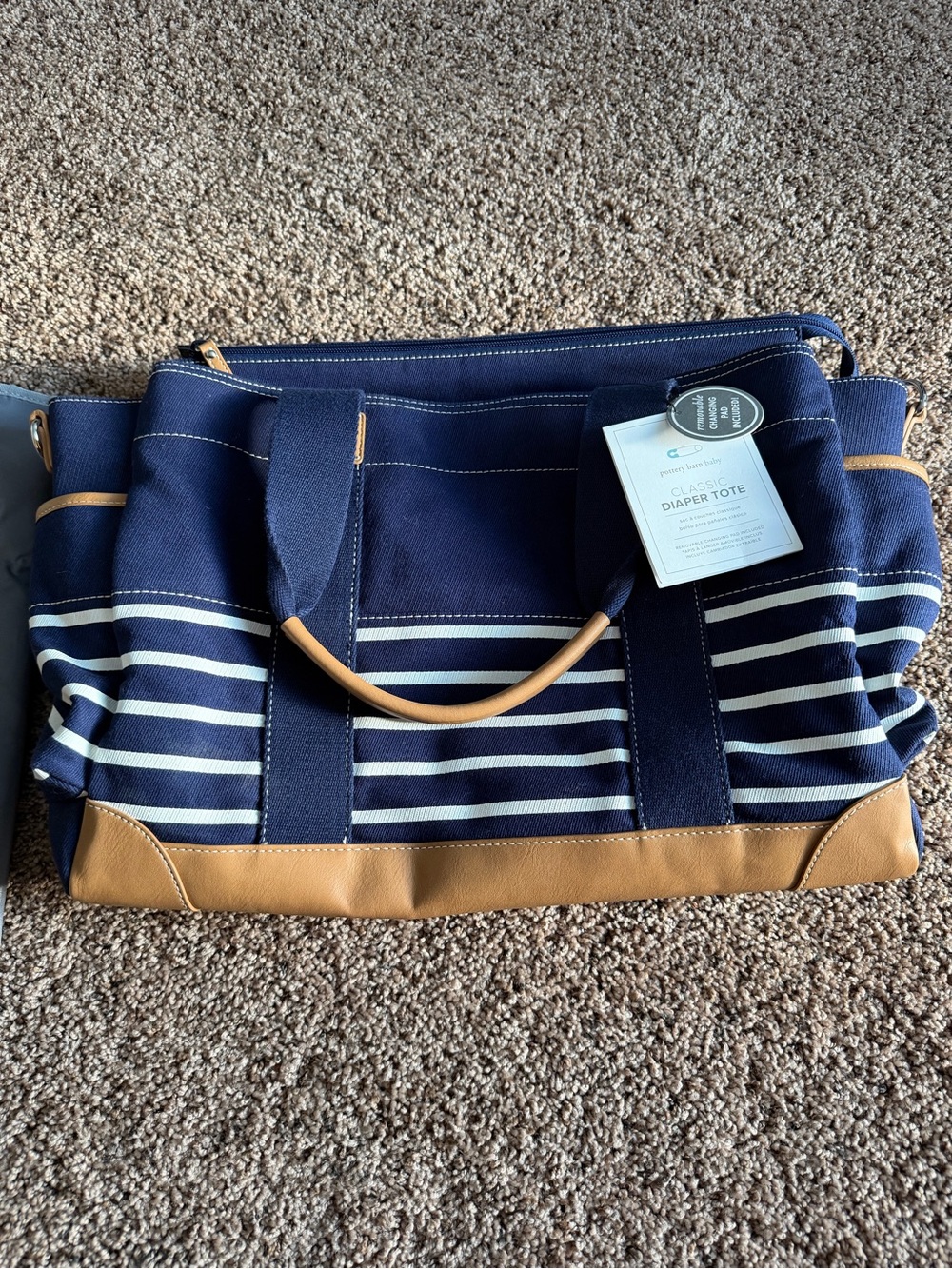 Pottery Barn Baby Striped Navy and White Diaper Tote with Tan Accents- NWT